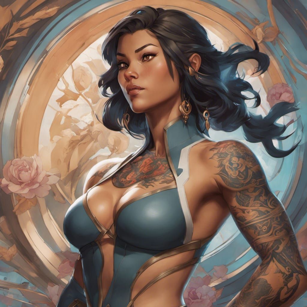 Beautiful voluptuous Avatar Korra covered in tattoos, wearin...