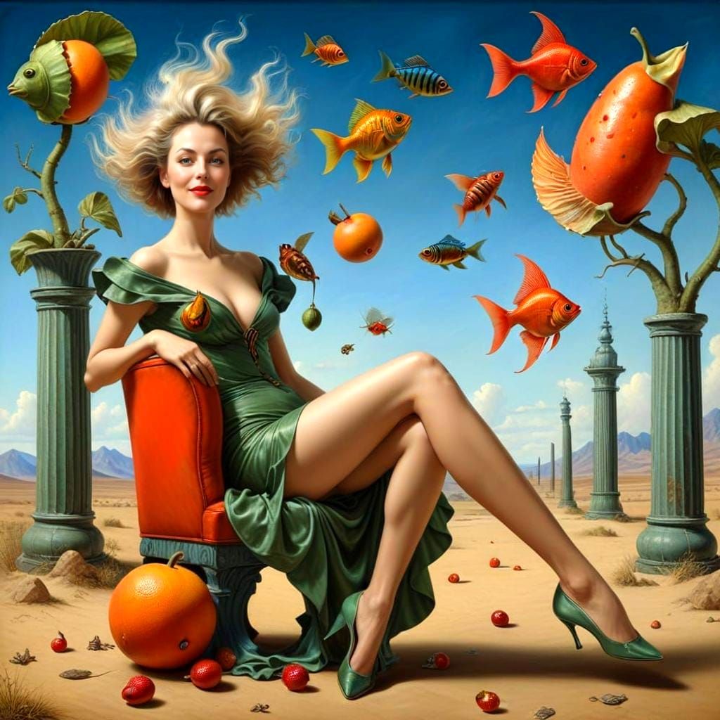 Vibrant Portrait of a Happy Lady in Dynamic Surrealistic Sce...