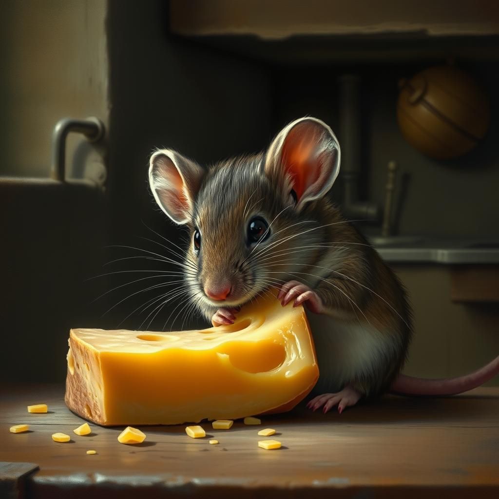 cute  mouse is eating a piece of Gruyere cheese  by @Mapont