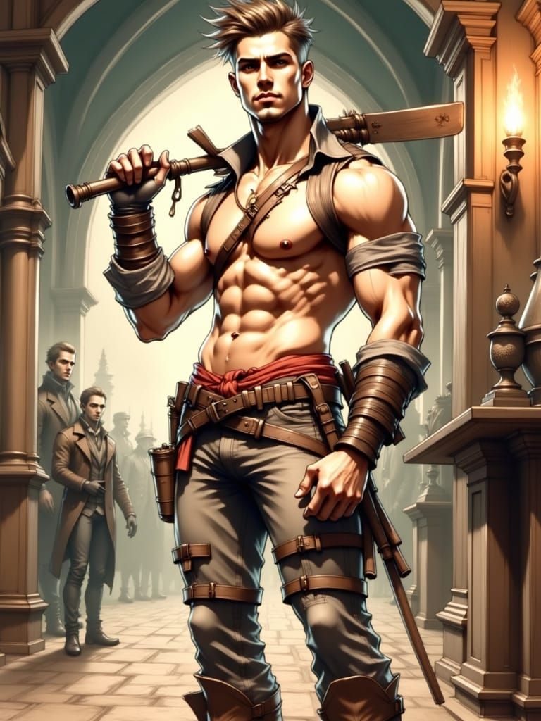 A tall athletic handsome jock with a plump posterior as a Hunter from Bloodborne. <lora:Handsome Anime Male:1.0>