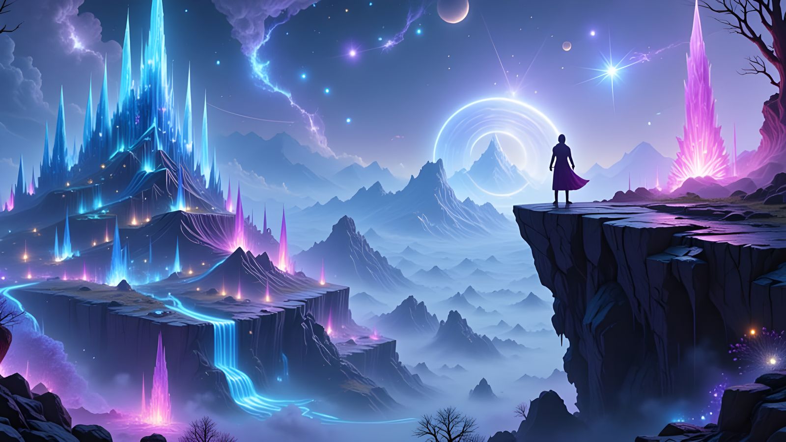 A lone figure stands on a precipice overlooking a sprawling,  <lora:VeriparesEpicFantasy:1.0> bioluminescent crystal city. The architecture ...