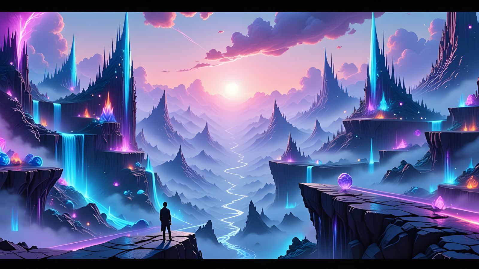 A lone figure stands on a precipice overlooking a sprawling,  <lora:VeriparesEpicFantasy:1.0> bioluminescent crystal city. The architecture ...