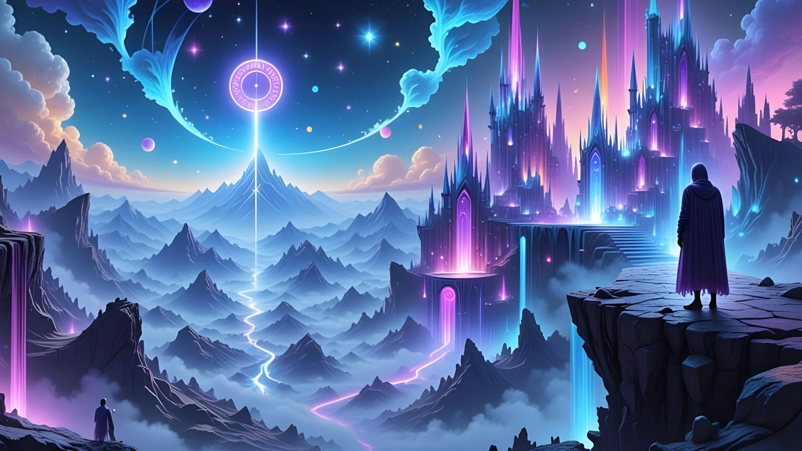 A lone figure stands on a precipice overlooking a sprawling,  <lora:VeriparesEpicFantasy:1.0> bioluminescent crystal city. The architecture ...
