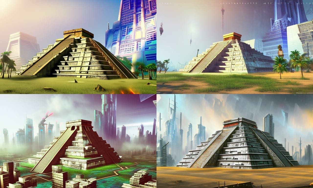 mayan pyramid between tall cyberpunk city buildings in cyber...