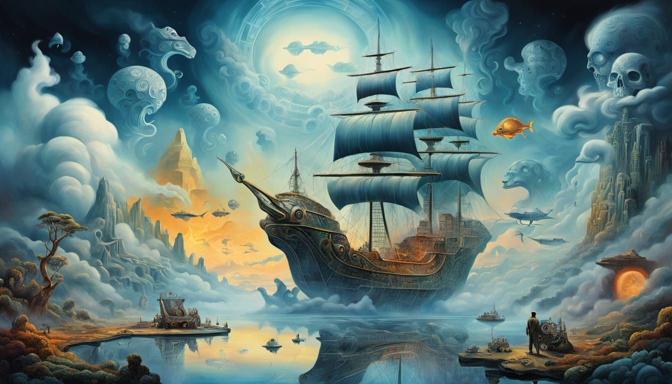 Surreal Machines Emerge from Cosmic Portal in Oil on Canvas