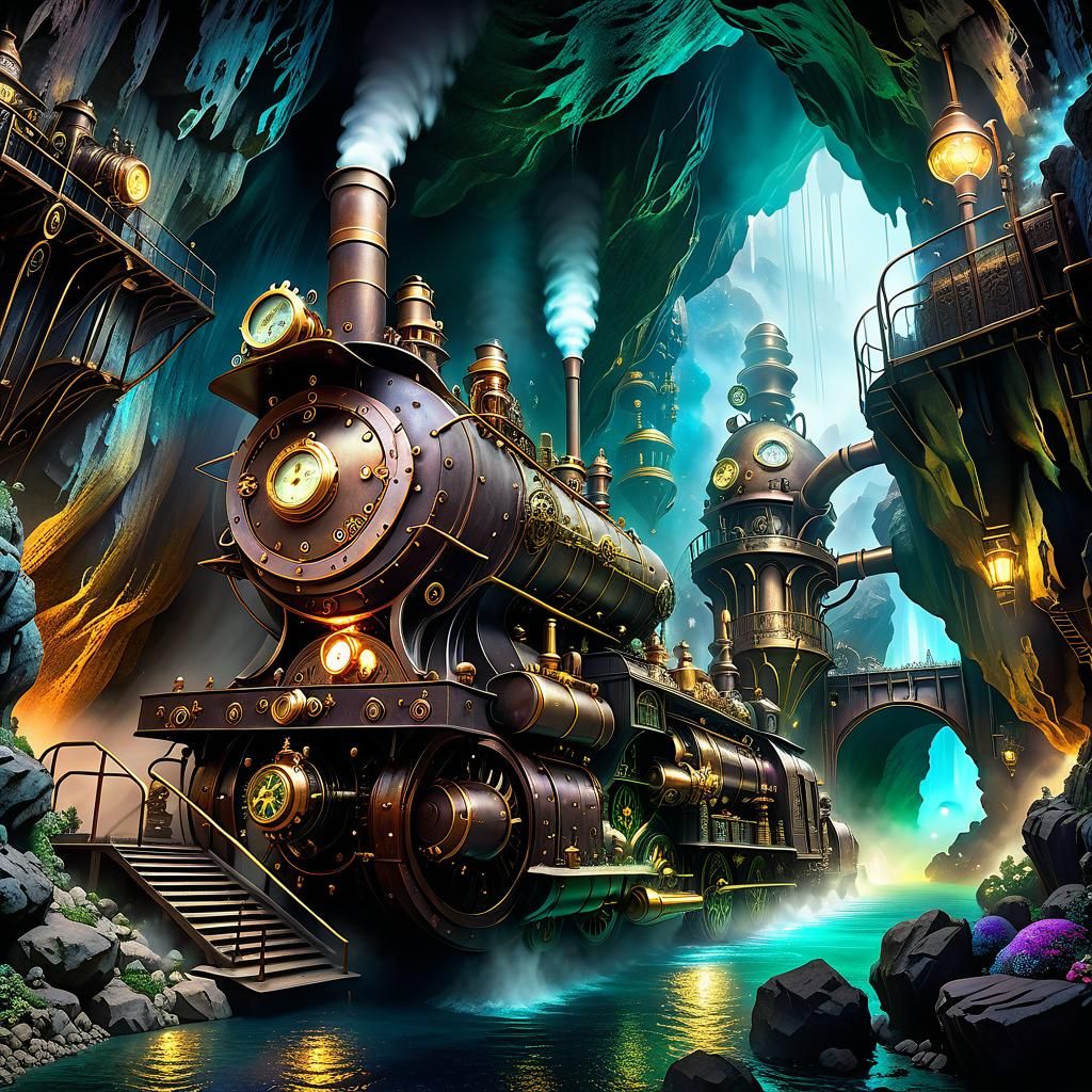 underground steampunk city in a cave  by @PaulVanO