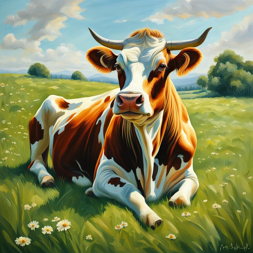 A cow in a lush field