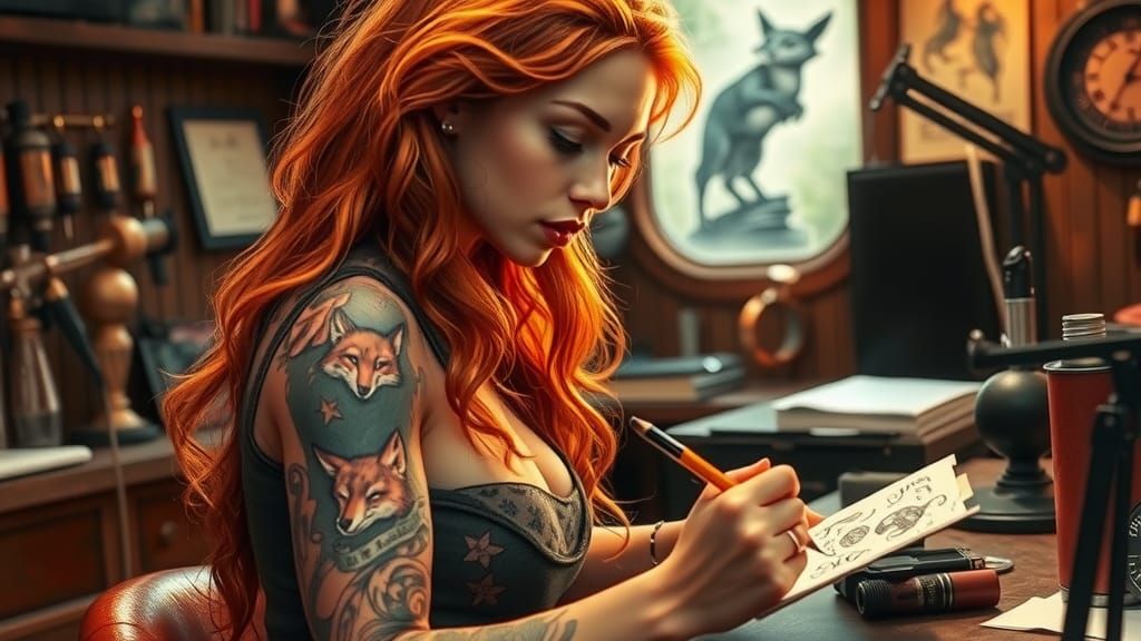 Medium shot. Full body length. Side view. An alluring female tatoo artist is sitting at work, drawing, extremely long copper curls with stra...