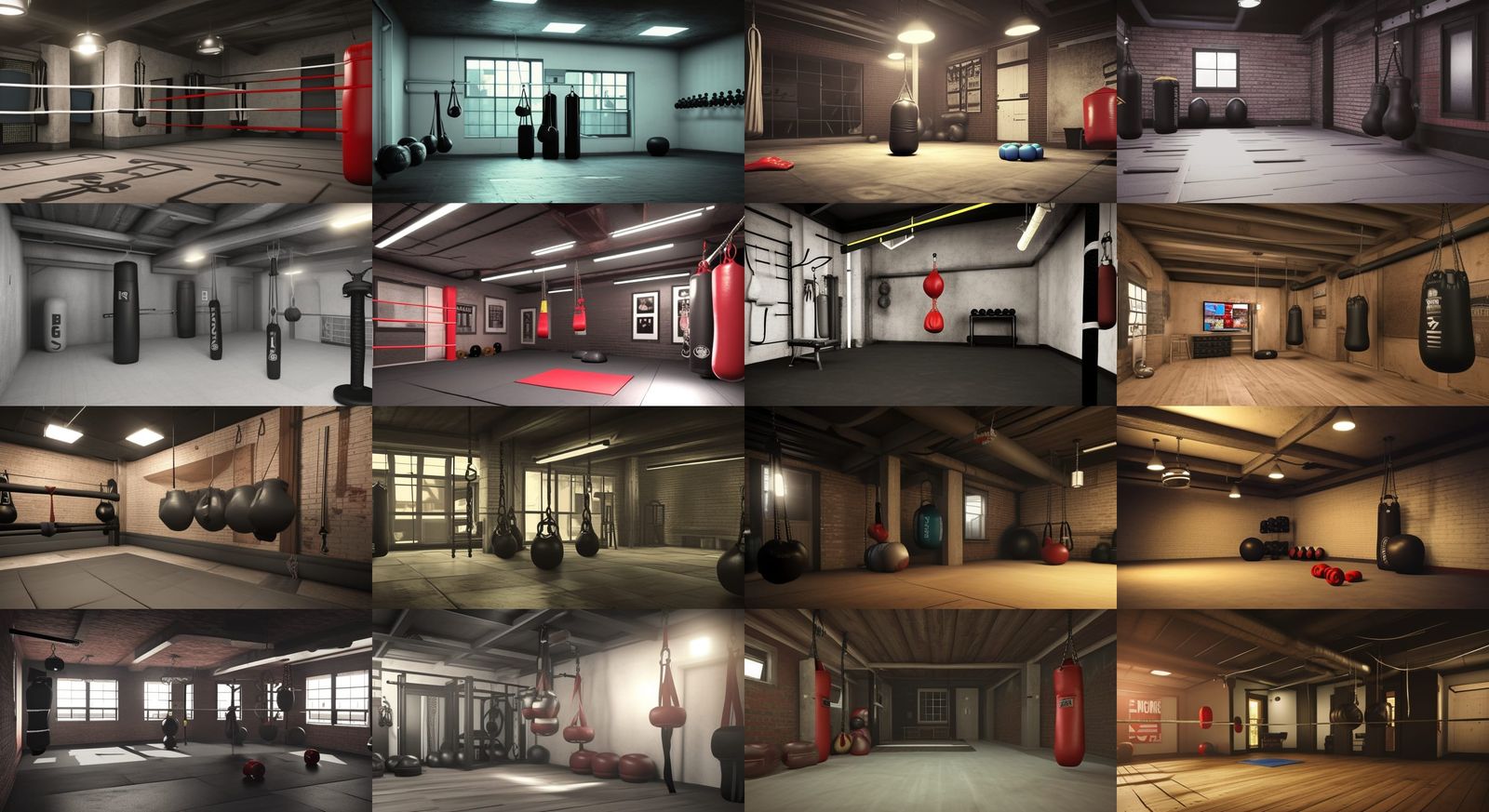 basement boxing gym with weights and punching bags 3D Game Cinematic ...