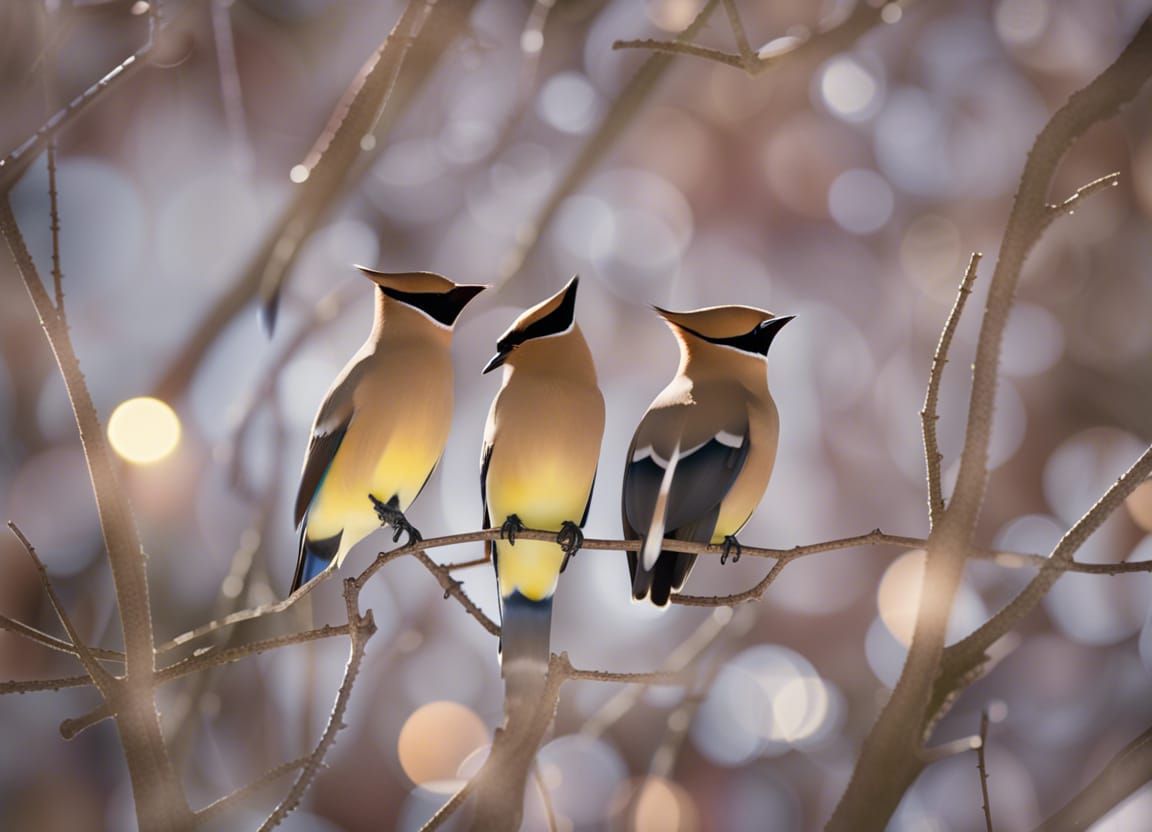 Cedar waxwings in a tree in winter bokeh