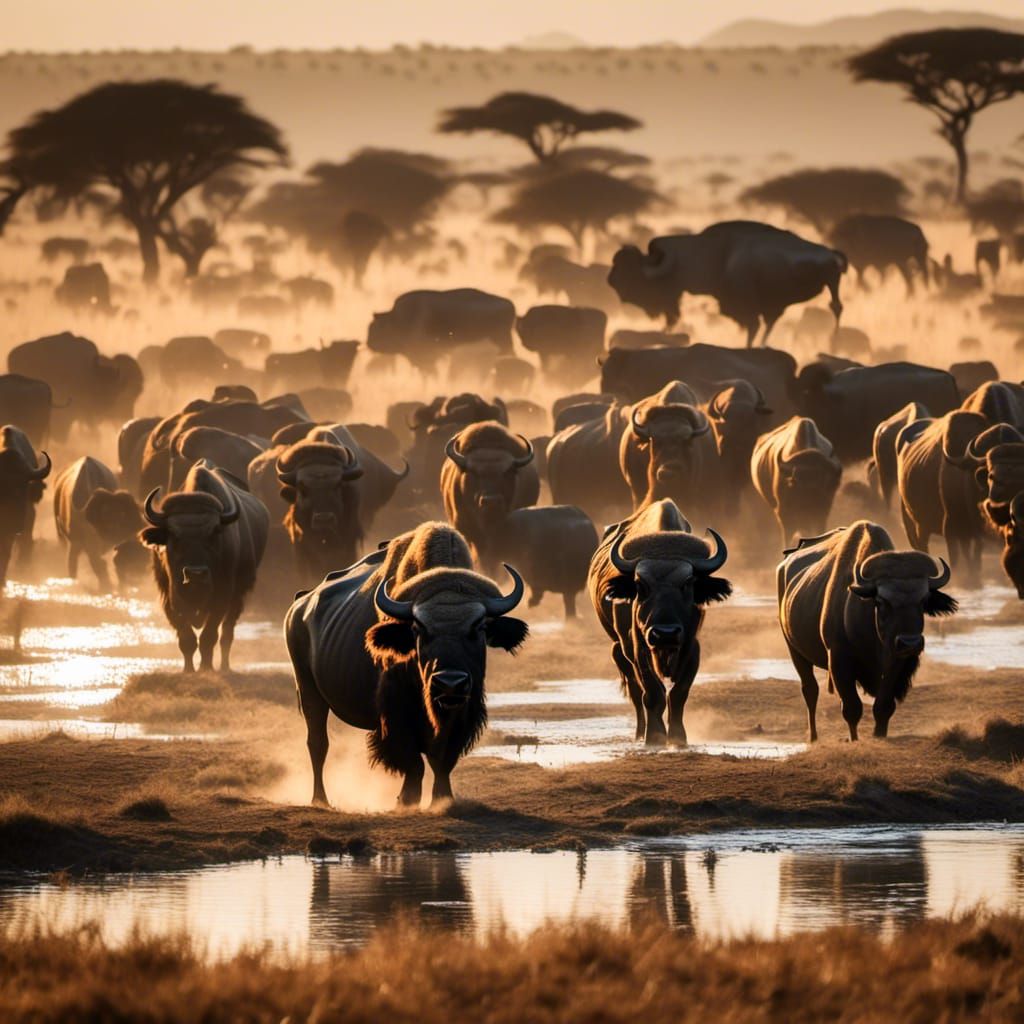 a herd of buffalos in the Serengeti, sunlight a river <lora:African Landscape:1.0> 