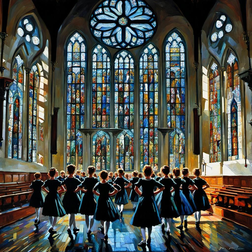 Irish dancers in a hall with stained glass windows in Irelan...