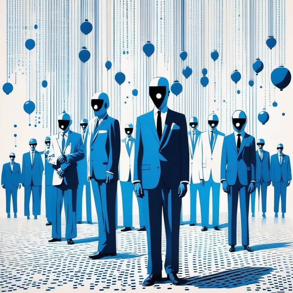 Binary Code Dream, good guys, 1980, surreal, Minimalist Spla...