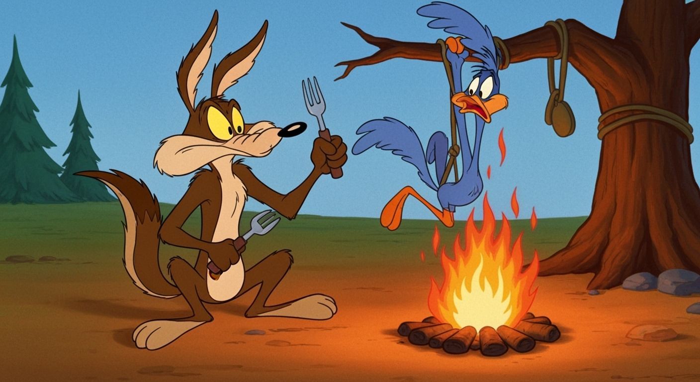 The Coyote finally caught Road Runner and tied him above a fire. The coyote is sitting on the ground ...  by @Luly