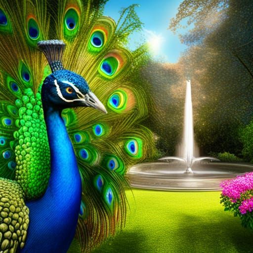 Colorful Peacock in a Garden with Fountain