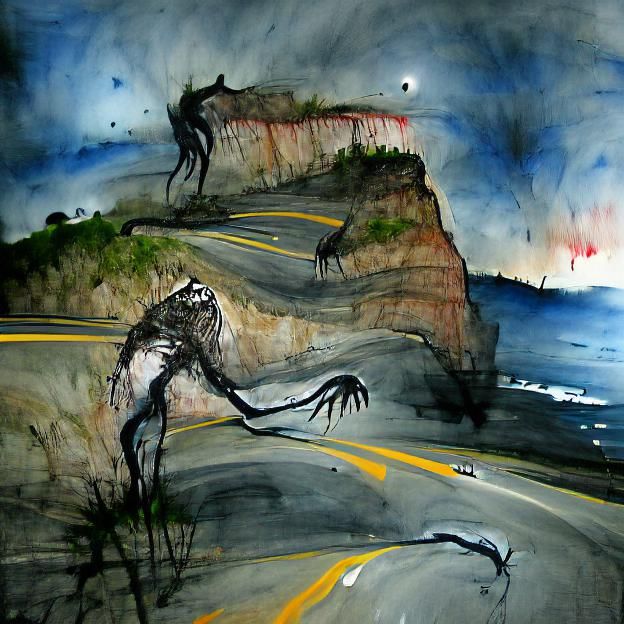The creature crosses the cliff side road stopping cars at ni...