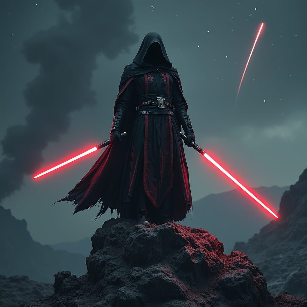 Sith lord with a double bladed pointed ightsaber both hands standing on a planet with jagged rocks and smoke in outer space with a shooting ...