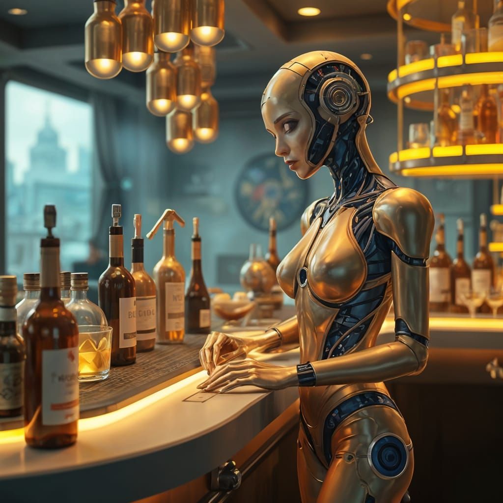 Golden feminine cyborg bartender gradient
Silver aqua lavender