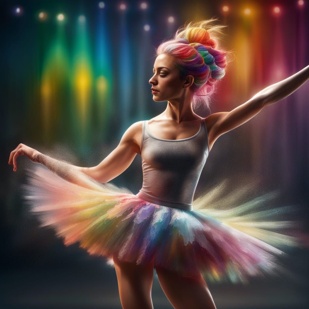 ballerina on pointe with rainbow hair