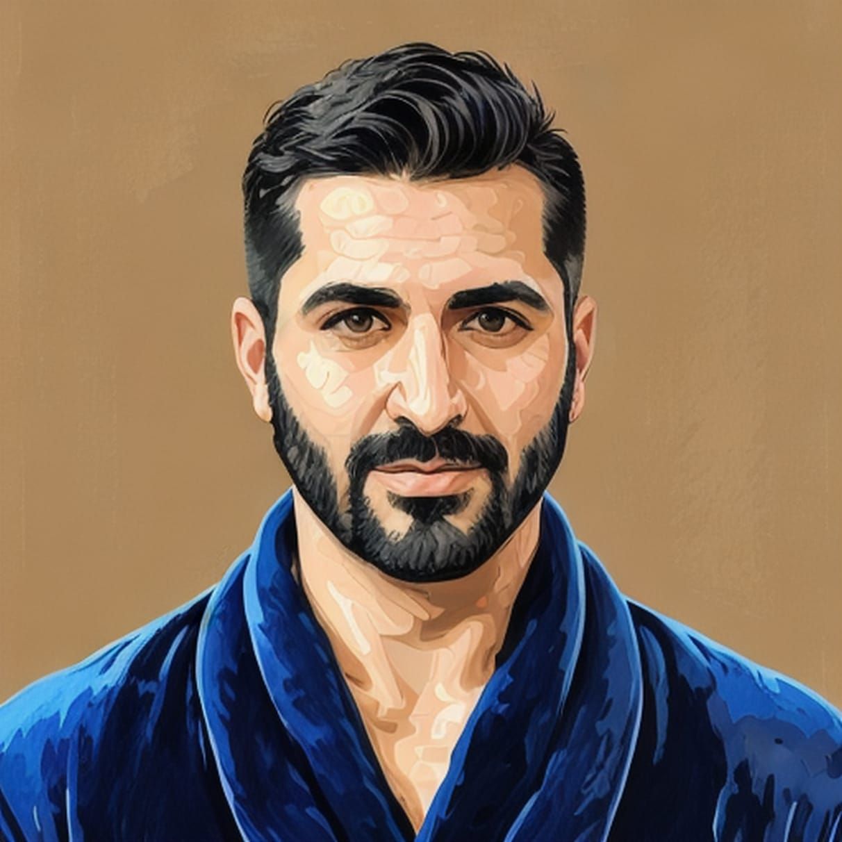 A handsome man wearing a     blue  velours   bathrobe.