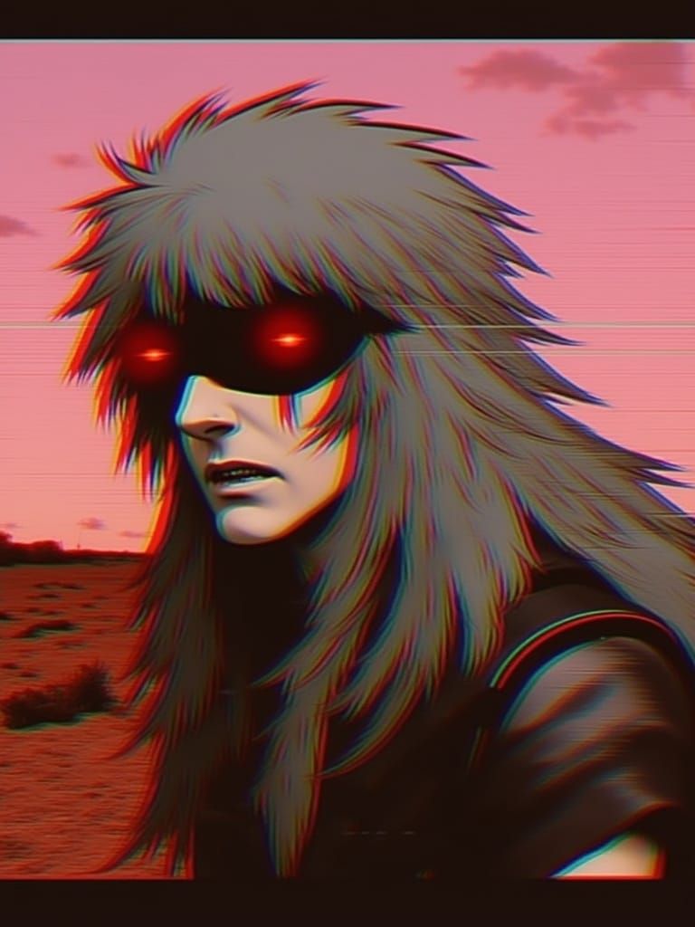 <lora:BlackWolf RedGlitch:0.7>
Damaged 1980s anime, red VHS glitches, post-apocalyptic landscape.