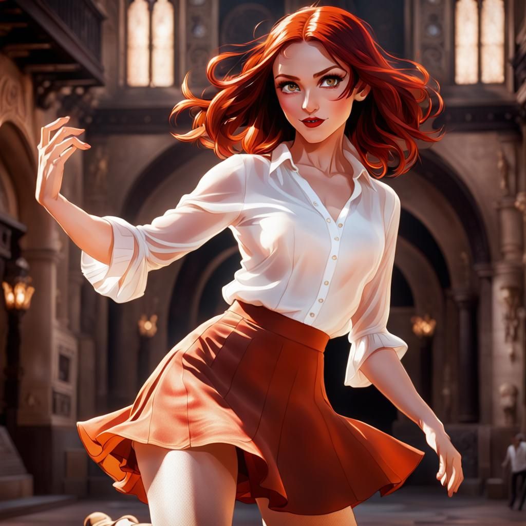 1girl, young woman in a white summer dress,  fire red hair, shoulder length hair,  vivid green eyes, using fire magic that fills the space a...