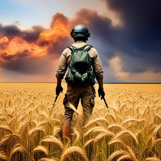 A solider in a burning wheat field