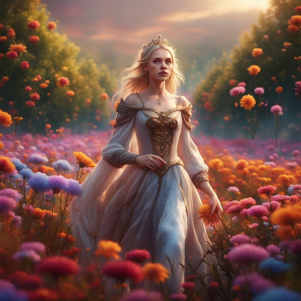 a beautiful blonde princess walking through a field of color...
