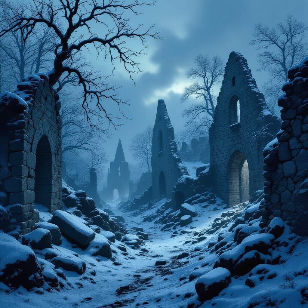 Lost child in old abandoned town in snowy forest