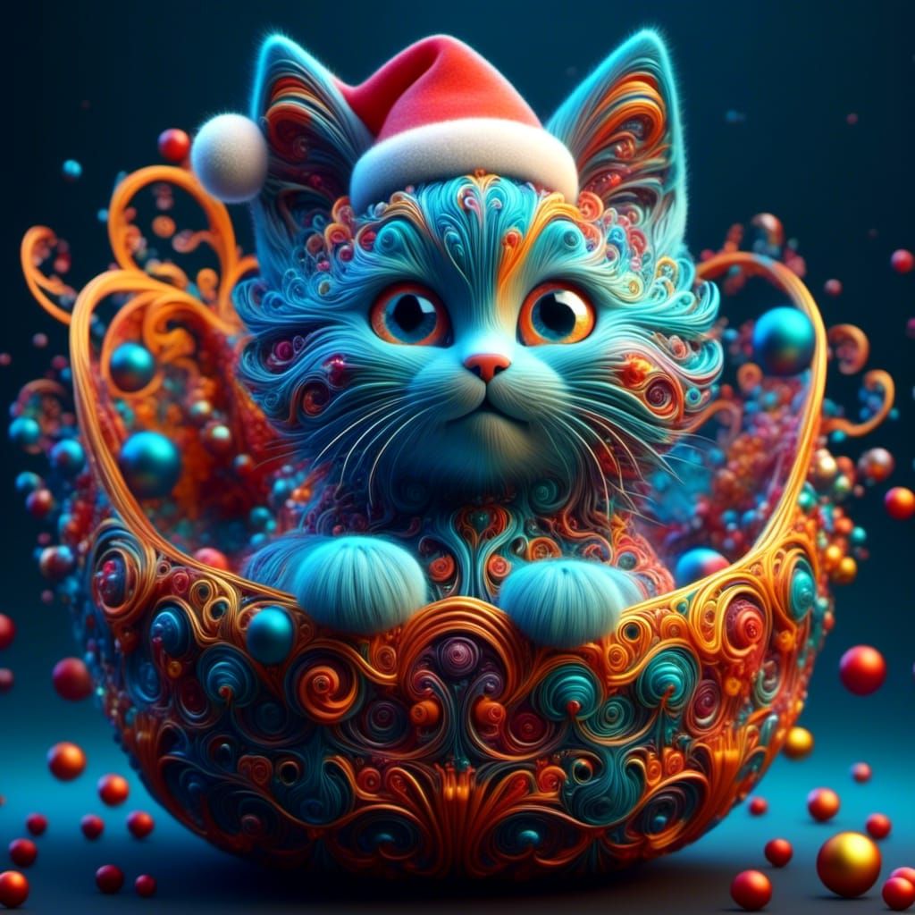 <lora:Fractalicious:1.0> 3D Hyperrealistic joyful adorable christmas Cat made from Fractal graphics and textures patterns, in gift basket_cr...