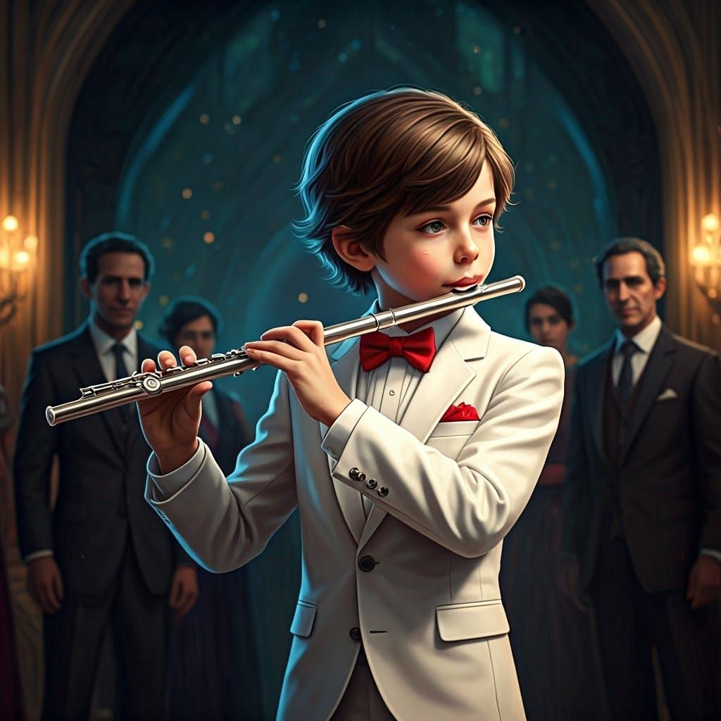Young Virtuoso Plays Silver Flute in Futuristic Opulence