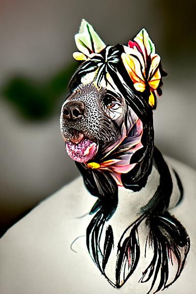 A cute black Labrador dog with flowers on herHead