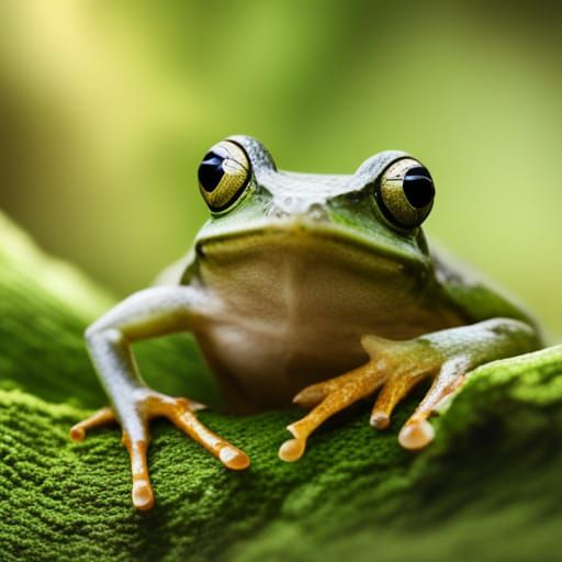 Green frog with water droplet drifting down the side of its ...