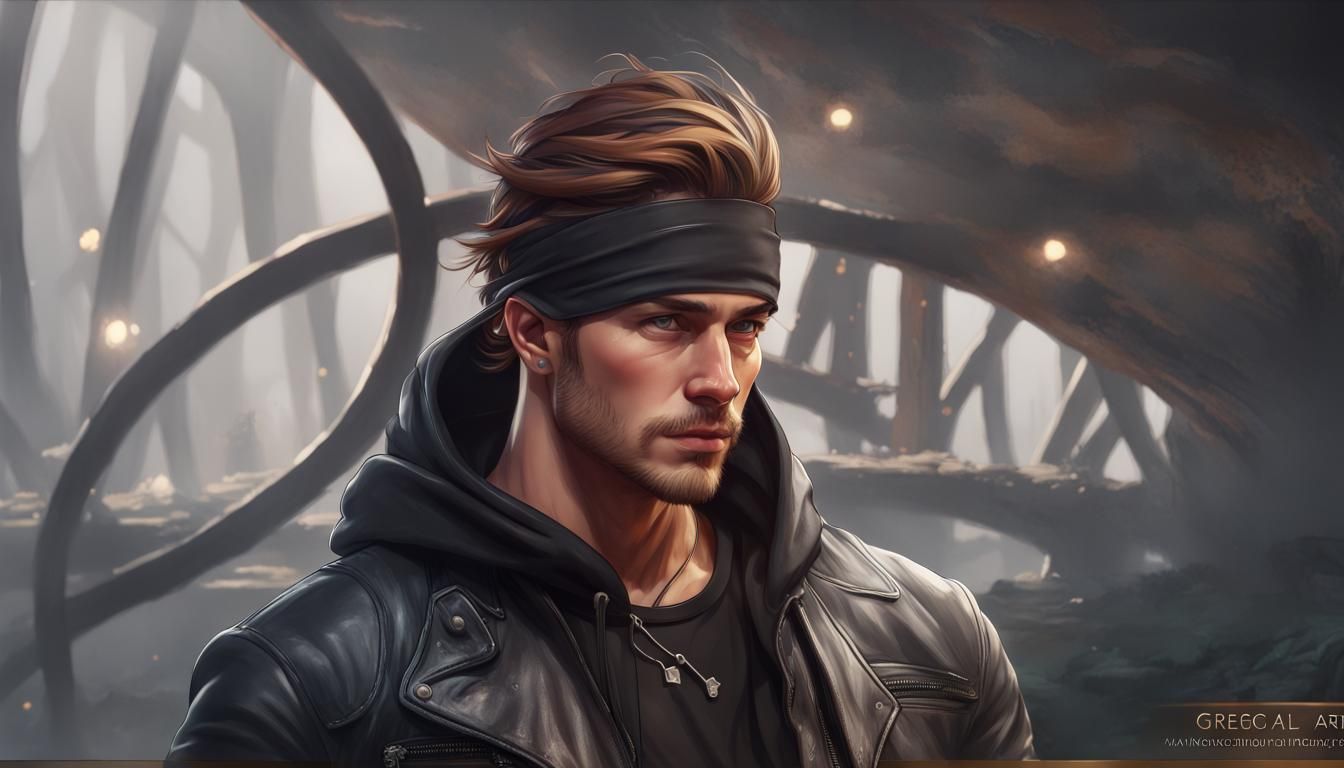 male, brown slicked back hair, black bandana headband, black...