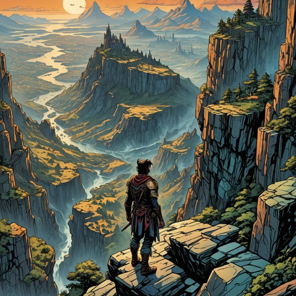 Fantasy Warrior Gazing at Cityscape in Comic Art
