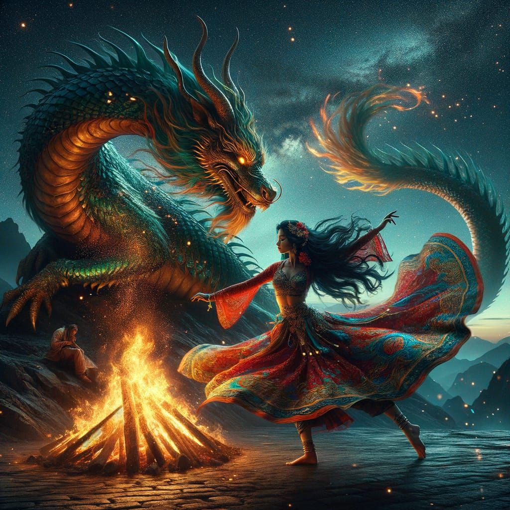 A woman in a flowing colorful dress performs a ritualistic dance before a dragon