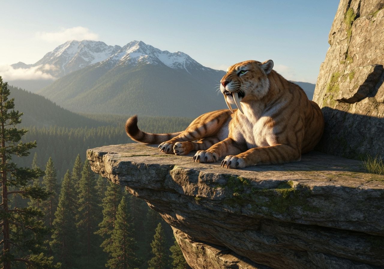 A majestic saber-toothed cat lounging on a rocky ledge, its powerful muscles rippling beneath a fur coat ...  by @Colin Davis