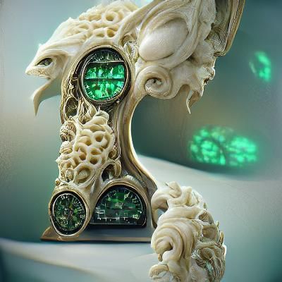 alien clock made from intricately carved jade