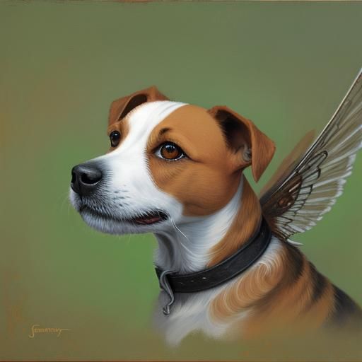 A jack russell terrier with earthen flutterby wings