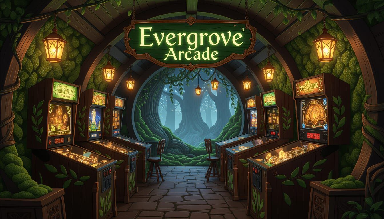 An elven-themed fantasy arcade called "Evergrove Arcade": glowing amber lanterns, carved wooden arcade cabinets with leaf motifs, mossy text...