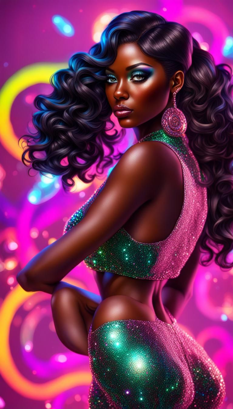 3d art pin-up girl skin black  hair brown skin🍄💖🌊🪻neon g...