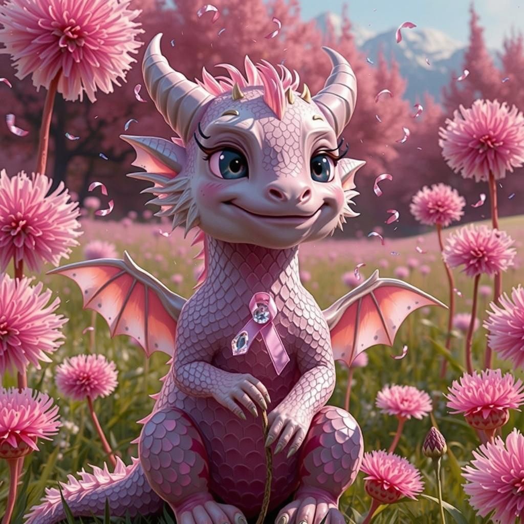 cute Pink  anthropomorphic Crystal scaled Pink baby dragon-girl   blowing, making a wish on a hot pink Dandelion, sitting in a field of pink...