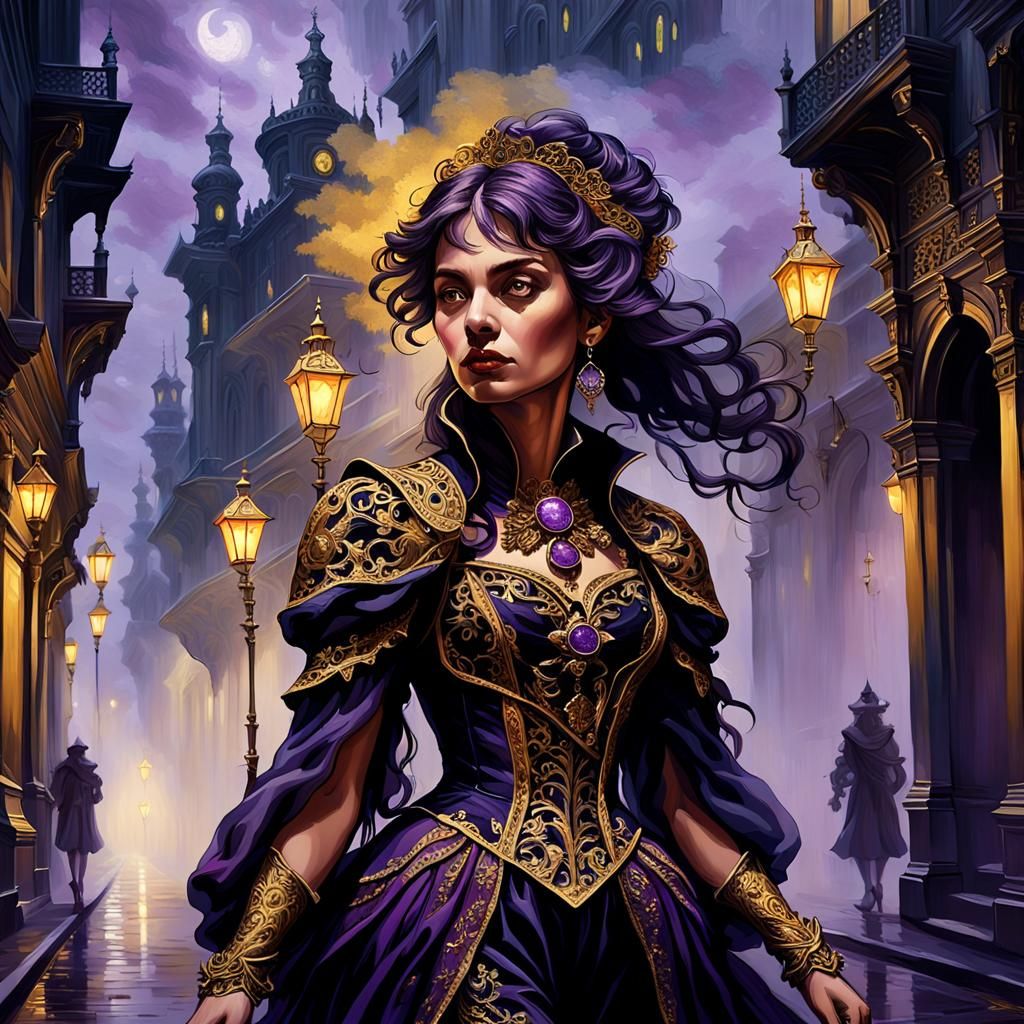 close up of a woman walking down the street,...dark fantasy style 