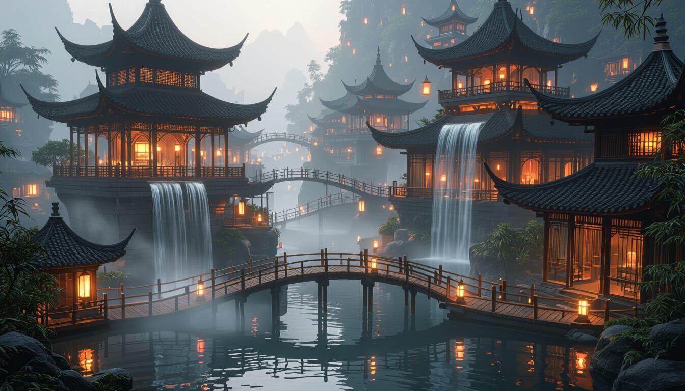 A floating glass city with cascading water terraces, bamboo bridges connecting platforms, mist drifting ...  by @hdw1948