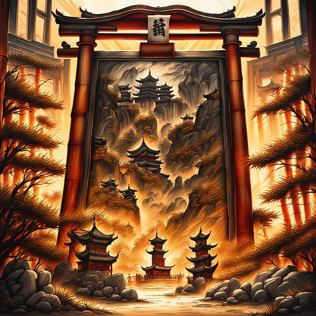 Majestic Stone Monument in Chinese Ink Painting Style