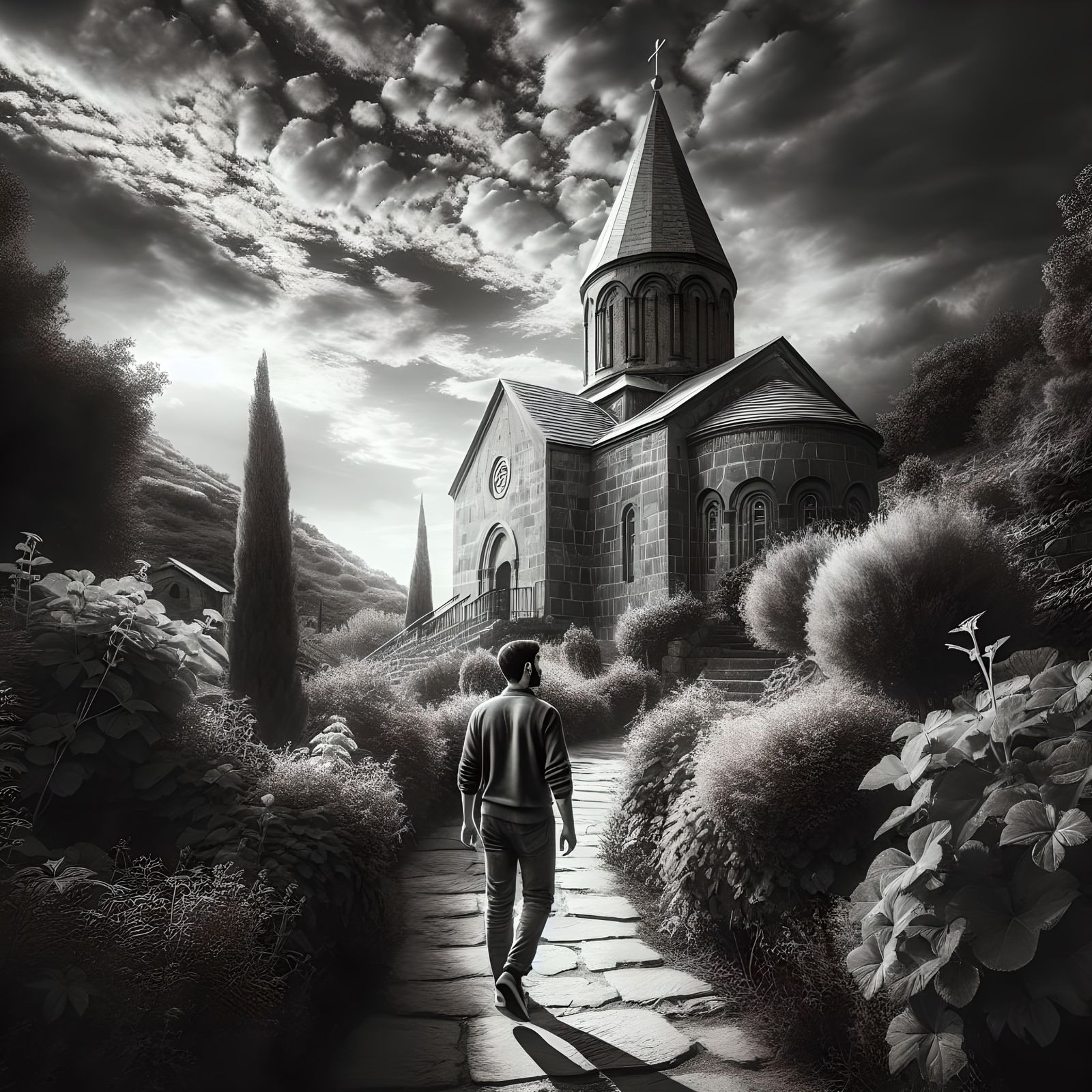 "Finding Religion" A man walks along a pathway toward you aw...
