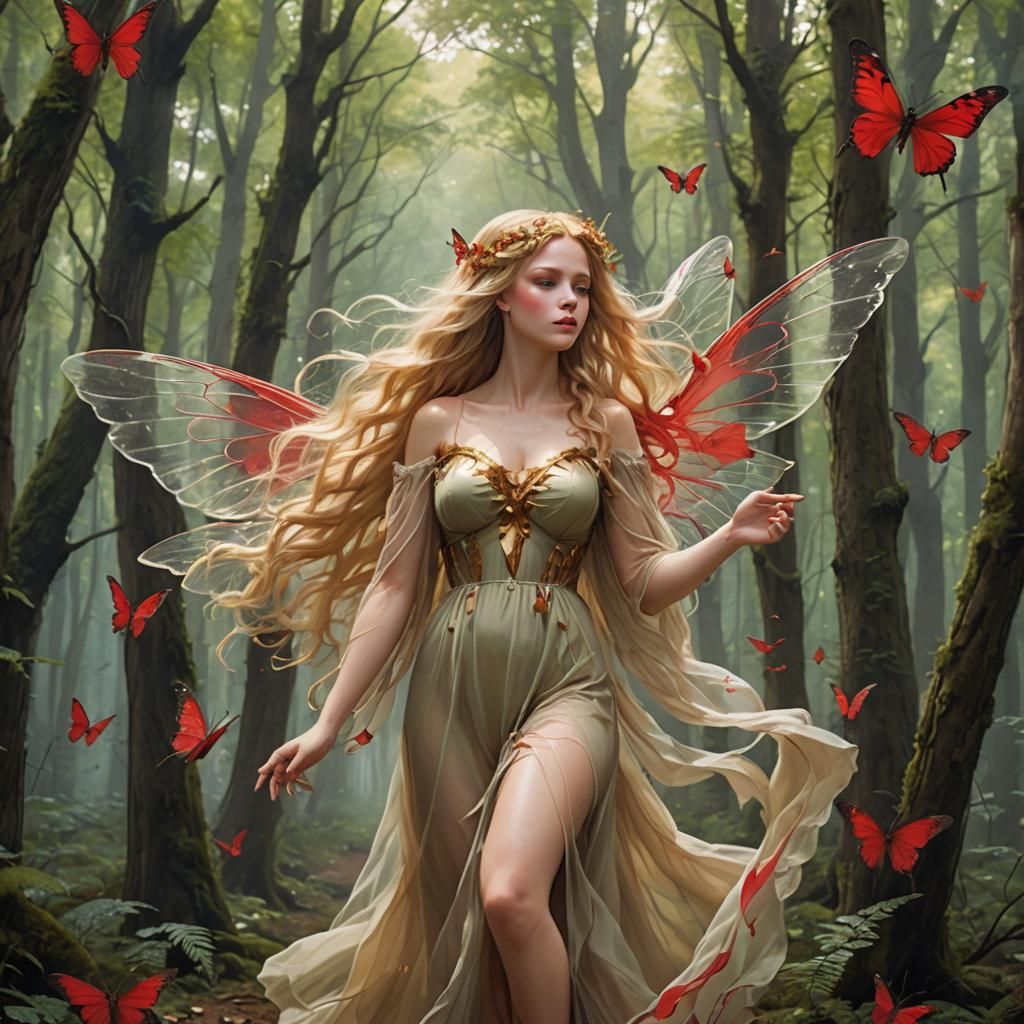 A forest nymph with honey blonde hair with a red streak in her hair a d a very large bosom flying through the forest with gossamer wings a f...