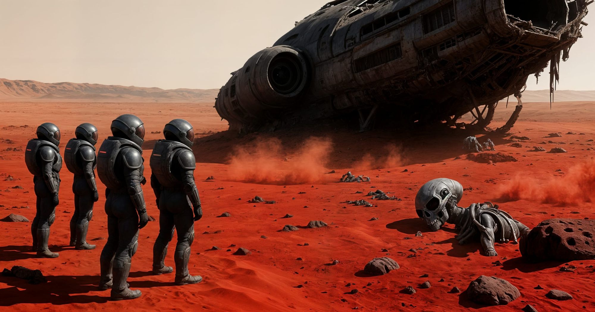 Mars mission crew finds a crashed UFO and remains