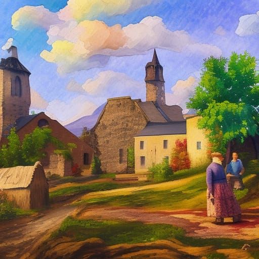 "Realistic painting of an old  Irish village"