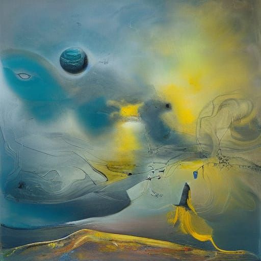 Serene Figure Amidst Burning Orbs in a Surreal Landscape